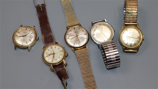 Five assorted gentlemans wrist watches including Mondaine and Excalibur.